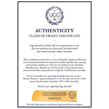 UGG AUSTRALIA CERTIFICATE OF AUTHENTICITY